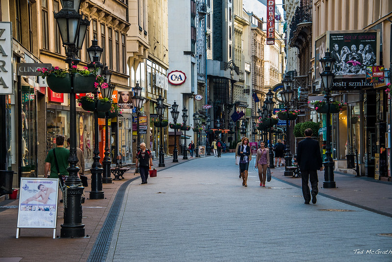 Ted McGrath - 2015 - Budapest - Architecture - Vaci Utca Pedestrian Mall: Early morning on Vaci Utica before the hoards of tourists arrive.